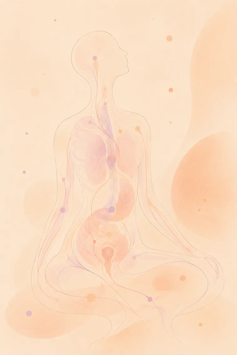 Soft watercolor line drawing of a seated figure showing all the body's systems woven together in balance — whole-body manual therapy