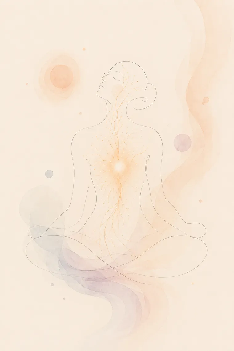 Soft watercolor line drawing of a seated figure in meditation with warm light radiating from the chest — the body's own healing energy ignited
