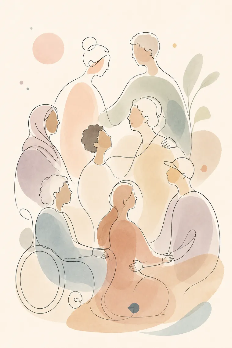Watercolor line illustration of people of many ages, backgrounds and abilities gathered together — inclusive care for every body
