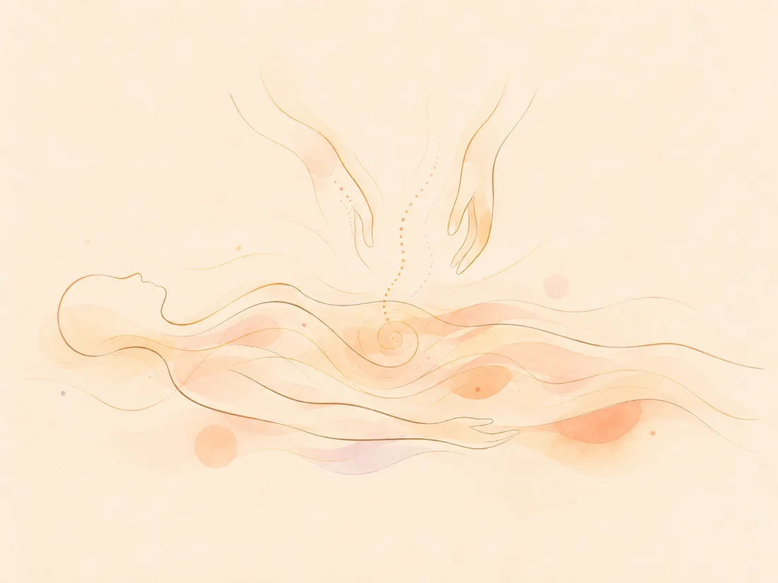 Soft watercolor illustration of a practitioner's hands working gently above a resting figure — a manual therapy session in progress