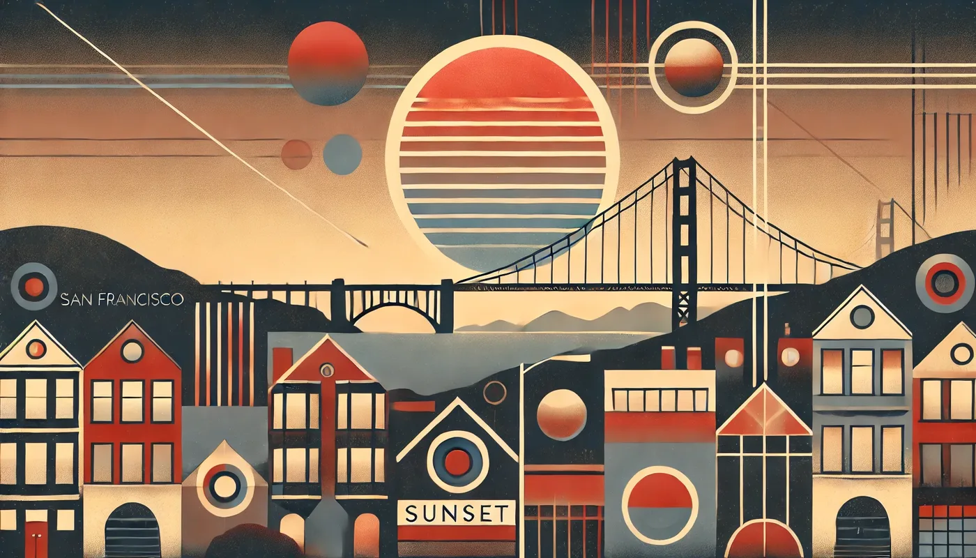 Retro Bauhaus-style illustration of San Francisco's Sunset District at dusk — striped sun over the Golden Gate Bridge and neighborhood houses, home of the practice