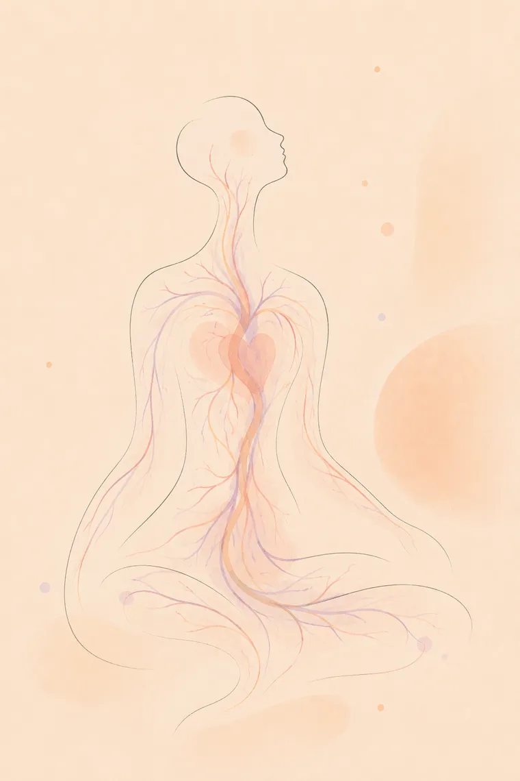 Soft watercolor line drawing of a figure with flowing vessel pathways — supporting healthy circulation through manual therapy