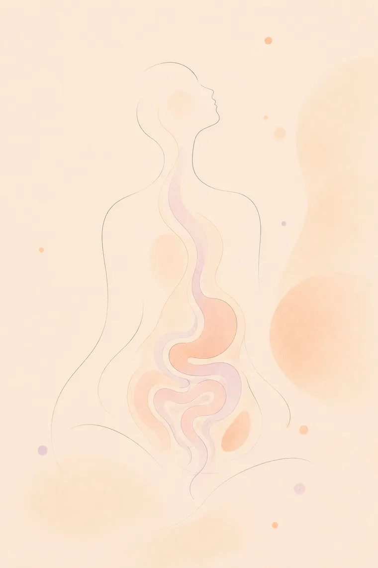 Watercolor line drawing of the digestive system — gentle visceral work for the abdominal organs