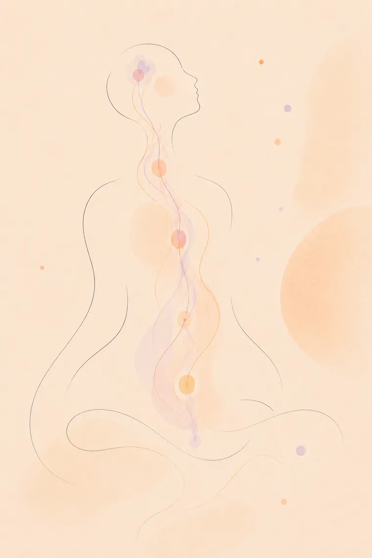 Soft watercolor line drawing of a figure with glandular centers illustrated — whole-body balance supporting the endocrine system