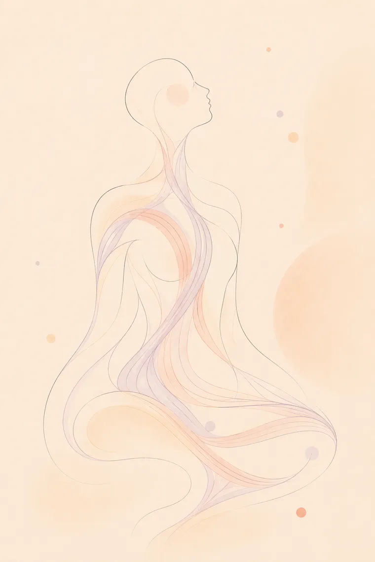 Soft watercolor line drawing of a figure with flowing muscle and fascia lines — myofascial release for muscle pain and scar tissue