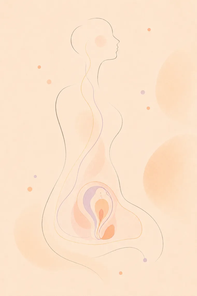 Soft watercolor line drawing of a figure with the pelvic region illustrated — gentle hands-on work for pelvic balance and comfort